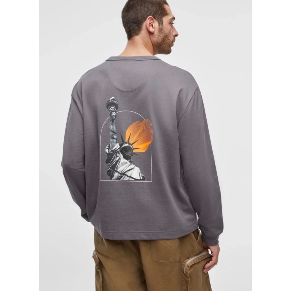 Mode of One Mens Liberty Long Sleeve Relaxed Fit T Shirt in Ebony Grey Size L